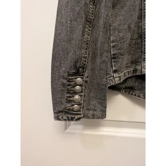 Savanna Jane Western Puffy Sleeve Denim Jacket Gray DoubleBreasted Rodeo Country - Picture 3 of 5